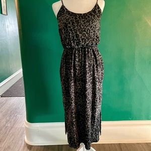 Grey Black Leopard Waist Defining Spaghetti Strap Midi Dress